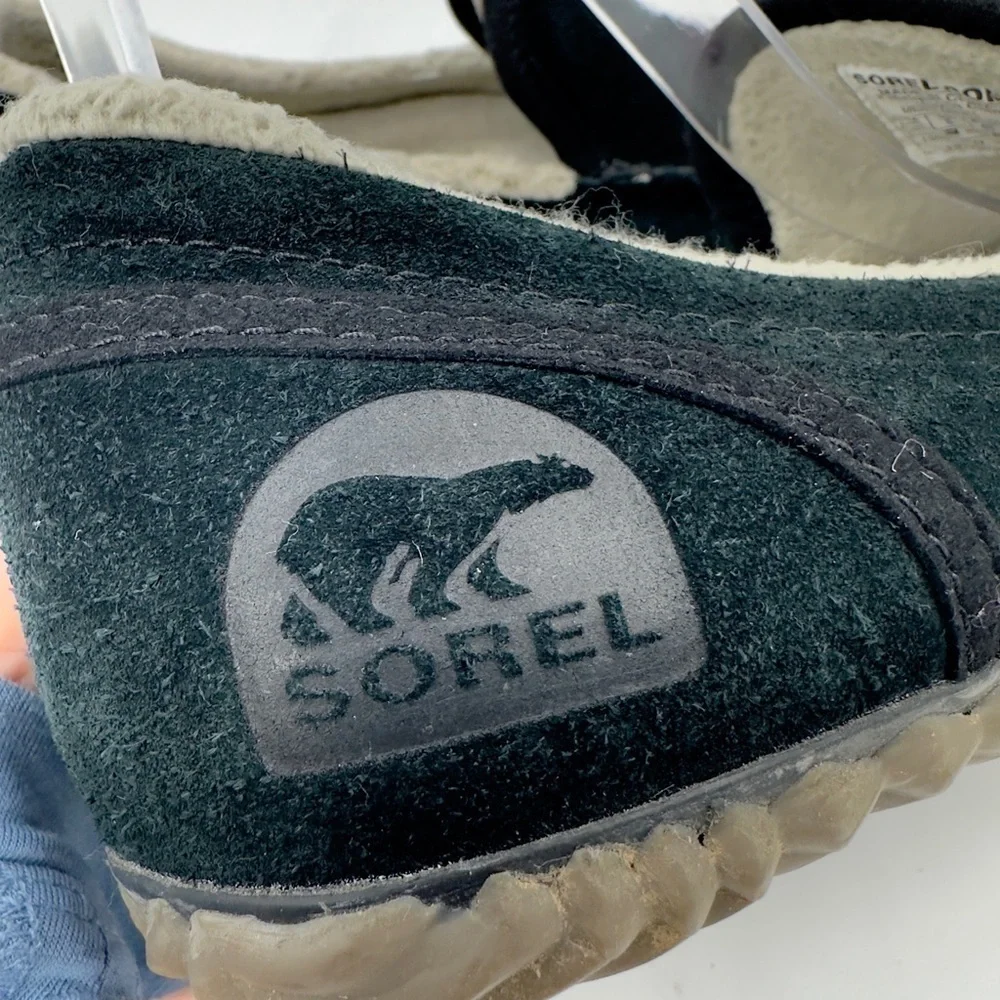 Sorel Dude Moc Slippers Mens 7 Womens 8.5 Suede Faux Fur Lined Warm Cozy Outdoor